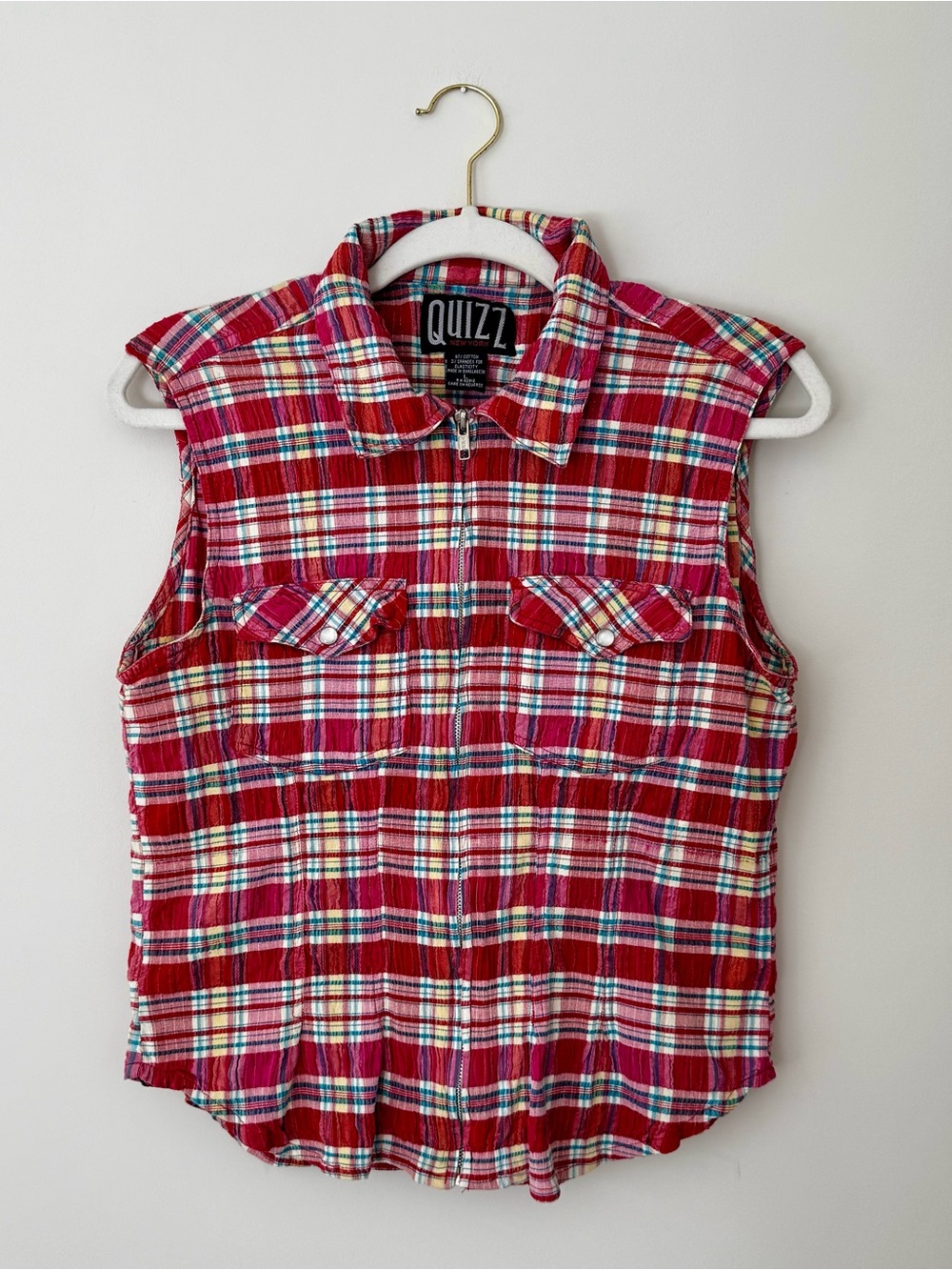 Vintage Quizz Plaid Zipper Front Collared Crepe Tank Top, Pink / Multicolor – L
